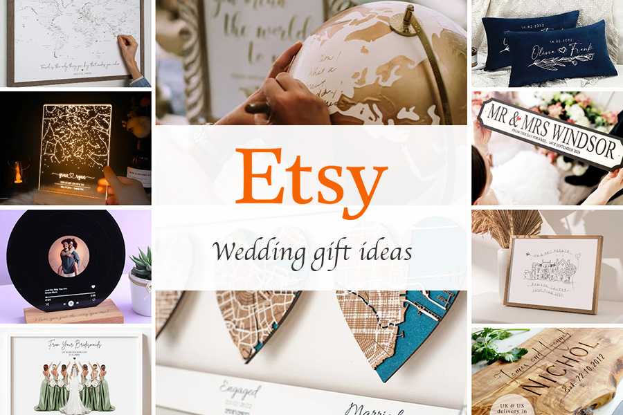 Collage of Etsy wedding gift ideas, featuring personalised maps, pillows, vinyl records, engraved boards, and framed art.