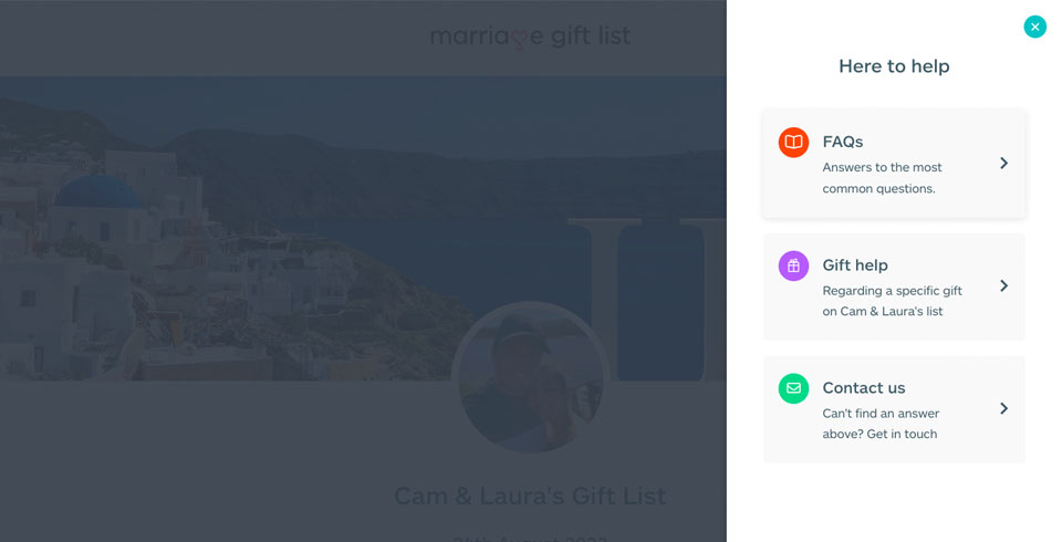 A screenshot of a help menu on a wedding gift list website, offering options for FAQs, gift help, and contact support.