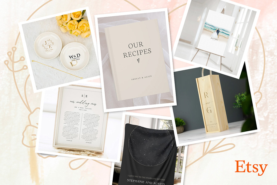 Collage of personalised Etsy wedding gifts, including keepsake dishes, recipe book, star map blanket, framed vows, and artwork.