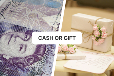 Split image with cash on one side and wrapped gifts on the other, featuring text 'CASH OR GIFT' in the center.