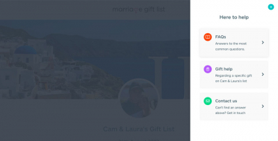 A screenshot of a help menu on a wedding gift list website, offering options for FAQs, gift help, and contact support.