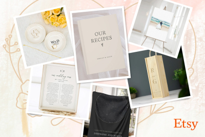Collage of personalised Etsy wedding gifts, including keepsake dishes, recipe book, star map blanket, framed vows, and artwork.