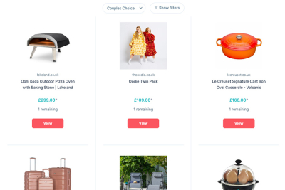 Screenshot of a wedding gift list displaying products, including an Ooni pizza oven, Oodie twin pack, and Le Creuset casserole dish, with prices and availability.