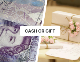 Split image with cash on one side and wrapped gifts on the other, featuring text 'CASH OR GIFT' in the center.