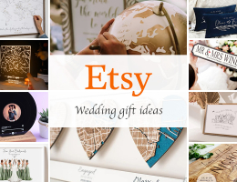 Collage of Etsy wedding gift ideas, featuring personalised maps, pillows, vinyl records, engraved boards, and framed art.