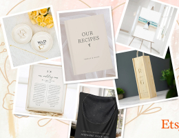 Collage of personalised Etsy wedding gifts, including keepsake dishes, recipe book, star map blanket, framed vows, and artwork.