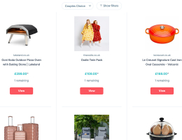 Screenshot of a wedding gift list displaying products, including an Ooni pizza oven, Oodie twin pack, and Le Creuset casserole dish, with prices and availability.