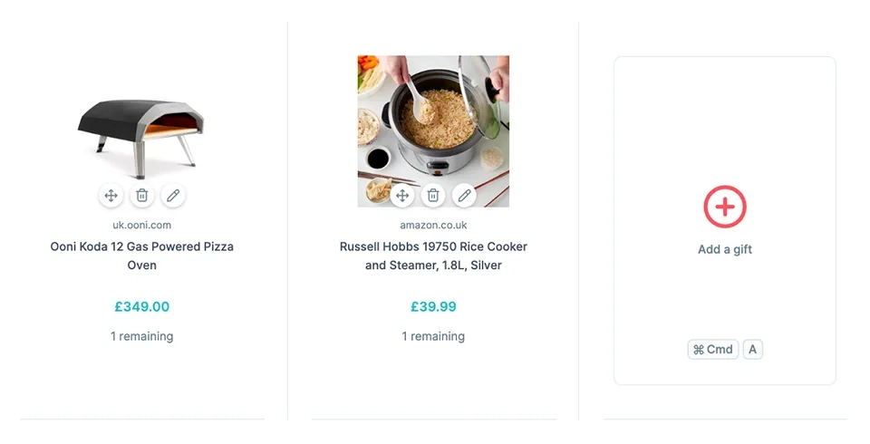 A screenshot of a wedding gift list showing an Ooni pizza oven, a rice cooker, and an option to add a new gift.