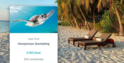 A digital cash fund card featuring a sea turtle, with a £160 honeymoon snorkeling goal and £50 contributed, over a tropical beach background.