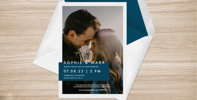 A modern wedding invitation for Sophie & Mark, featuring a romantic couple’s photo and event details.