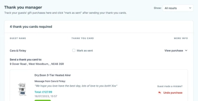 A screenshot of a thank you manager tool for tracking wedding gift purchases and sending thank you cards.