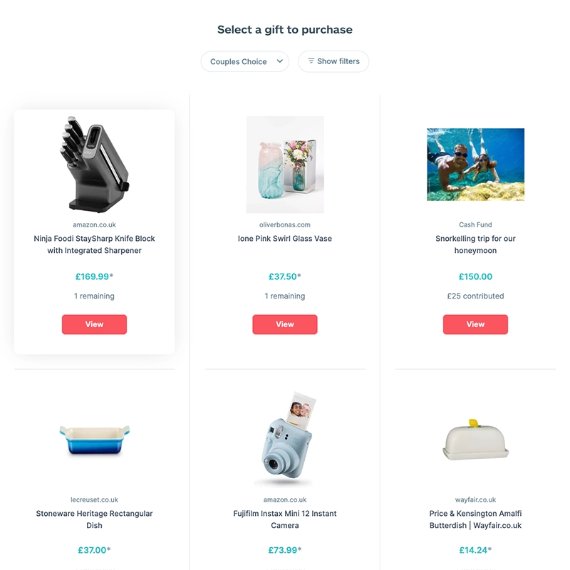 A wedding gift list showing multiple items including a knife block, glass vase, snorkelling trip fund, rectangular dish, instant camera, and butter dish, each with prices and availability.