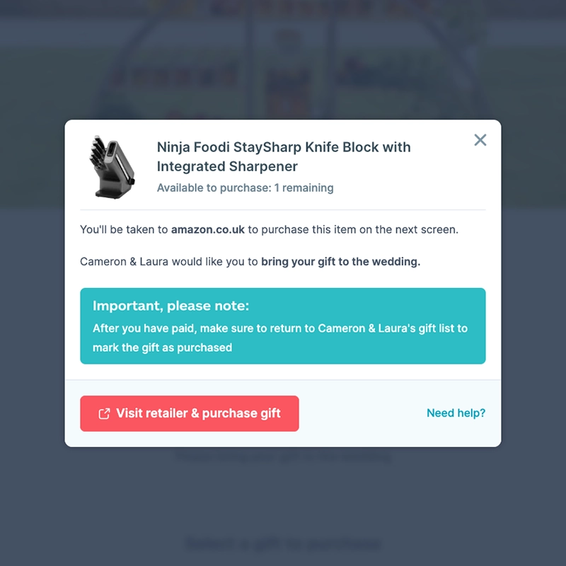 Popup modal for the Ninja Foodi StaySharp Knife Block with instructions to purchase the gift from Amazon and a reminder to return and mark it as purchased.