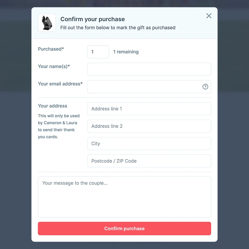 Form to confirm a wedding gift purchase with fields for quantity, name, email, address, and an optional message to the couple.