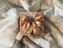 Elegant gift box with a peach satin ribbon, placed on soft, wrinkled white bedding, creating a cozy and luxurious atmosphere.